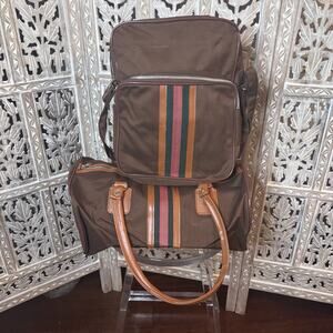 Vintage Sears Brown Canvas Adj Messengers & Mini Duffle Travel Bag Stripes Set